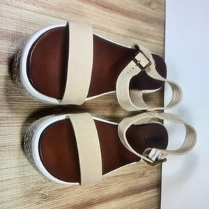 MIA khaki beige leather one strap ankle buckle espadrille platform sandals